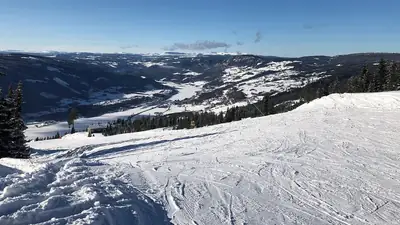 Skidbacke och fjällutsikt i Hafjell