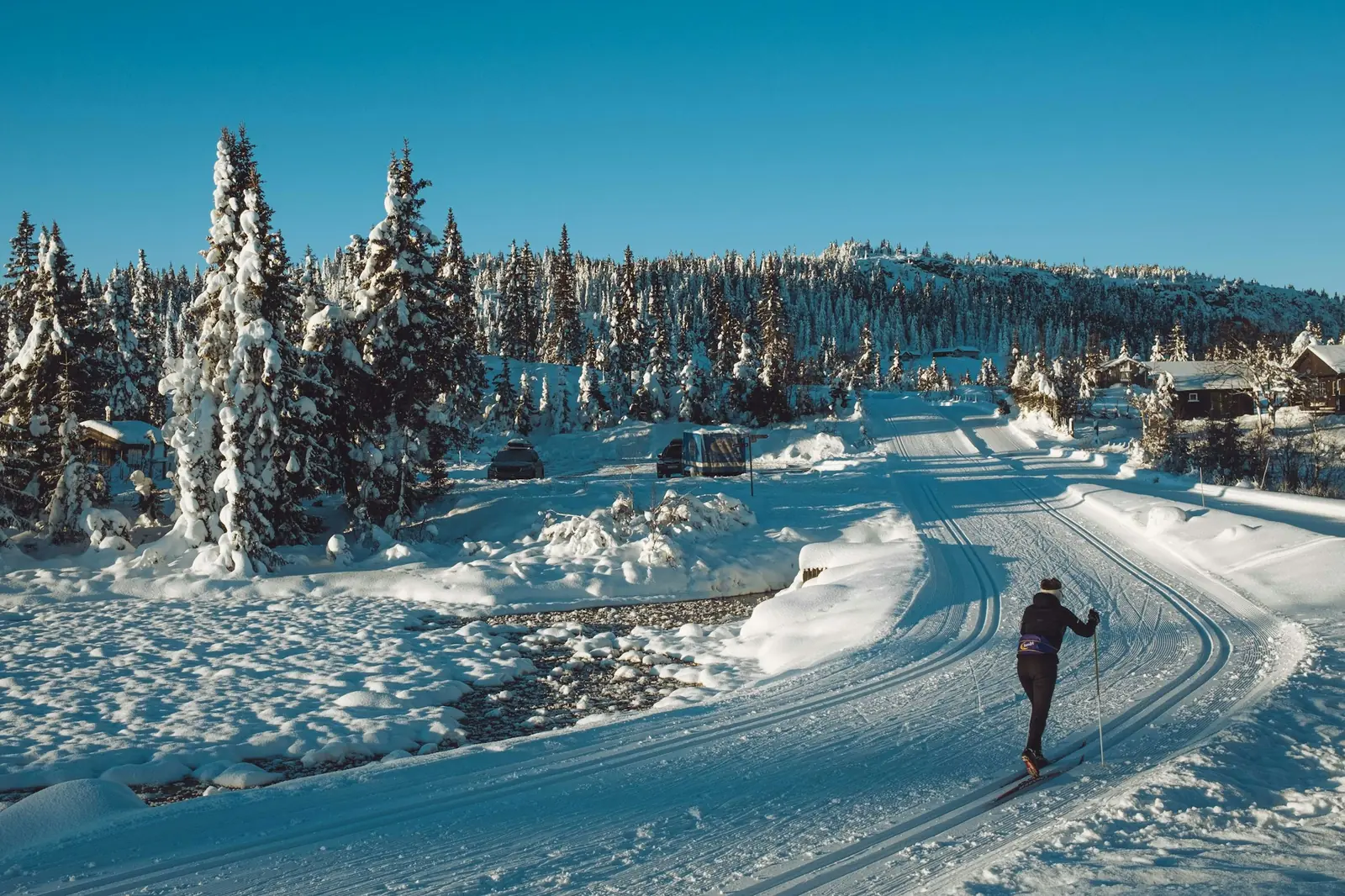 En längdskidåkare i preparerade spår i ett snötäckt skogslandskap