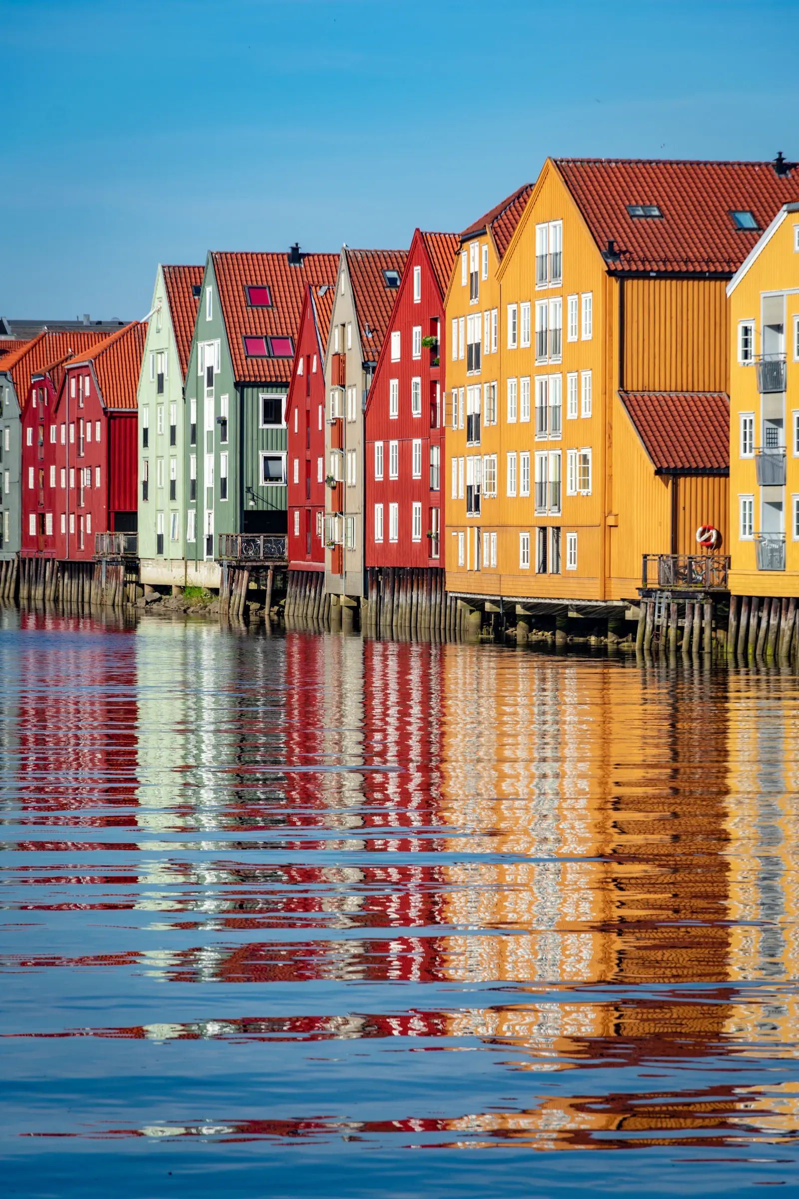 Trähus och bryggor vid Nidelva i Trondheim